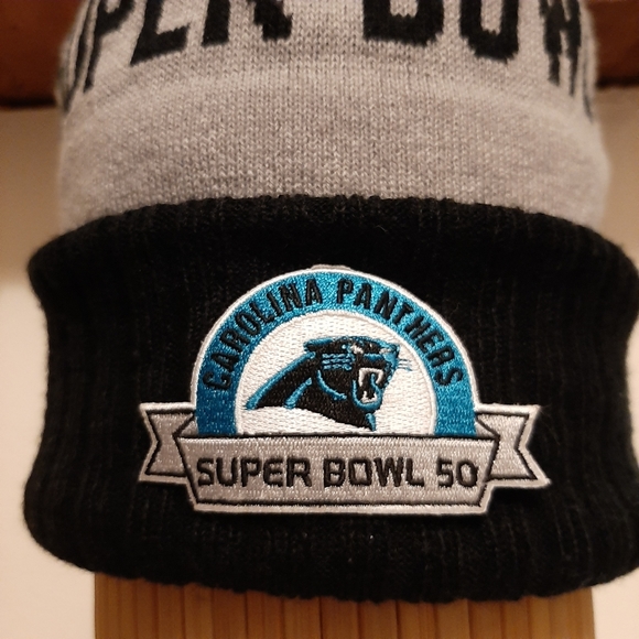 NFL Knit Hat Fleece lined Super Bowl 50 Panthers Patch Gray Black - Picture 5 of 12
